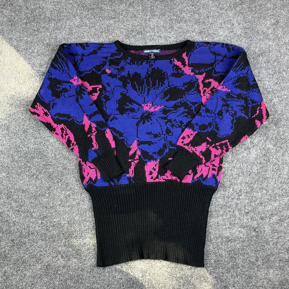 Directions Sweater‎ Womens M Black Pink Blue Skull Print Retro Pullover Knit